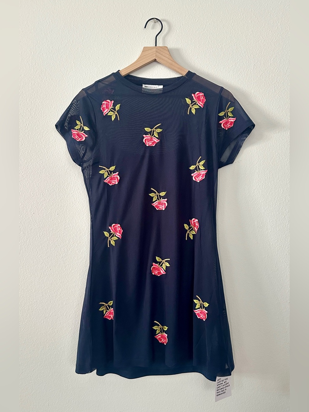 New! ASOS Navy Mesh Mini Dress with Rose Embroidery